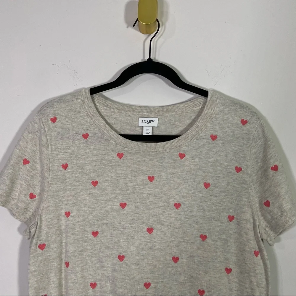 J. Crew Factory Gray Cotton Knit Pink Heart Short Sleeve Crewneck Tee Shirt